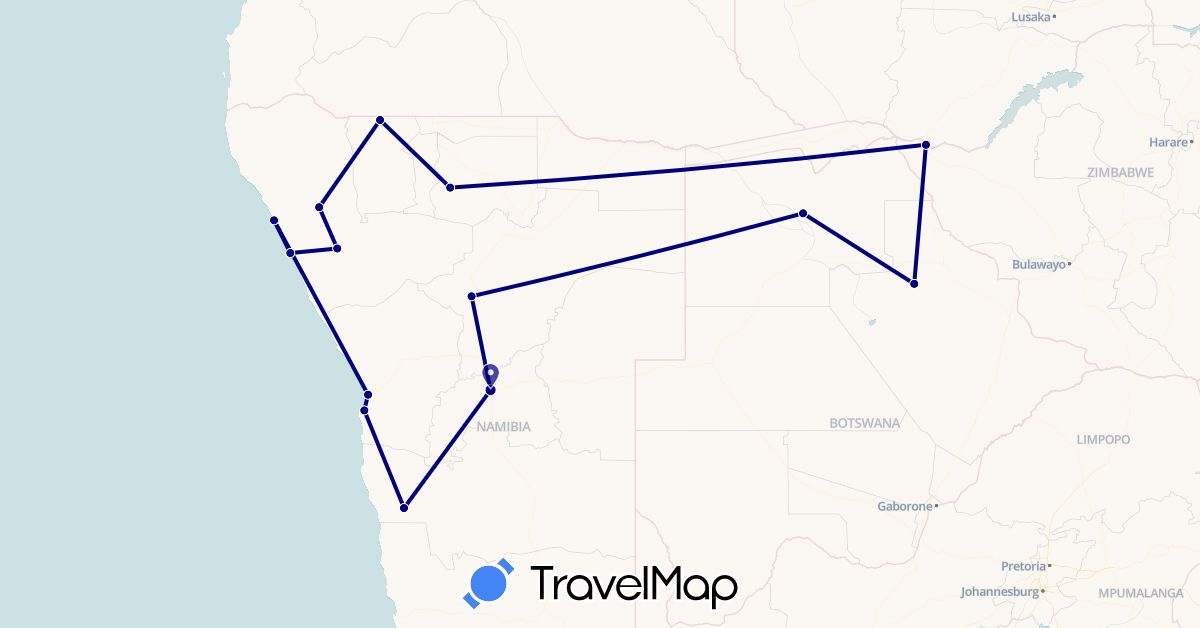 TravelMap itinerary: driving in Botswana, Namibia, Zimbabwe (Africa)